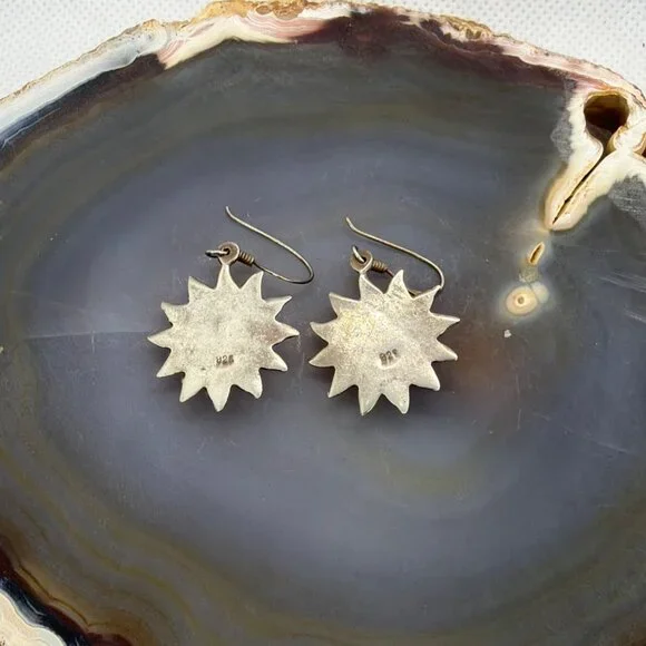 Vintage 925 Sterling Silver Smiling Sun Face Sunburst Dangle Drop Boho Earrings - Picture 9 of 9